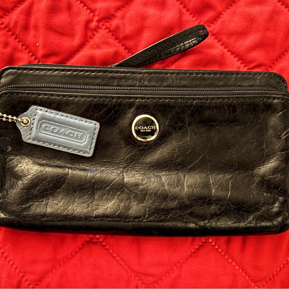 Coach Black Leather Wristlet with Blue Tag